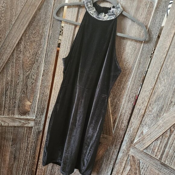 Yoins Black Sleeveless Cocktail Mini Dress‎ Size L 12 Velvet Stretch Glitter NWT - Picture 2 of 15